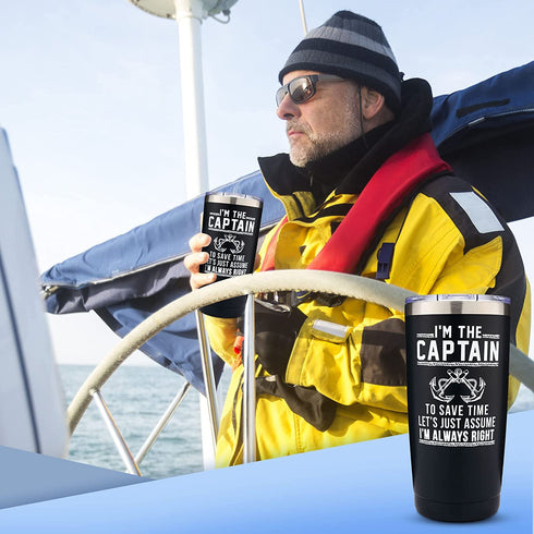 I'm The Captain & I'm Always Right 20oz Stainless Steel Tumbler by The Navy Knot - Double-Insulated Tumbler with Lid, Coffee Travel Mug, Hot Cold Coffee Cup - Nautical Design For Lake & Ocean Boaters
