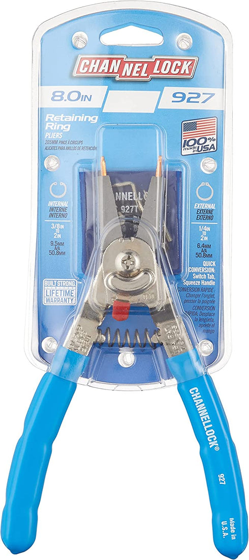 Channellock 927 8-Inch Snap Ring Plier | Precision Circlip Retaining Ring Pliers | Includes 5 Pairs of Interchangeable Tips | Made in the USA