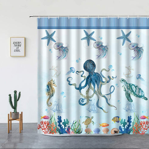 Sea Animal Shower Curtain Octopus Turtle Starfish Undersea Creatures Blue Stripe Design Decor,Ocean Fabric Bathroom Set Hooks 70'Wx 70'
