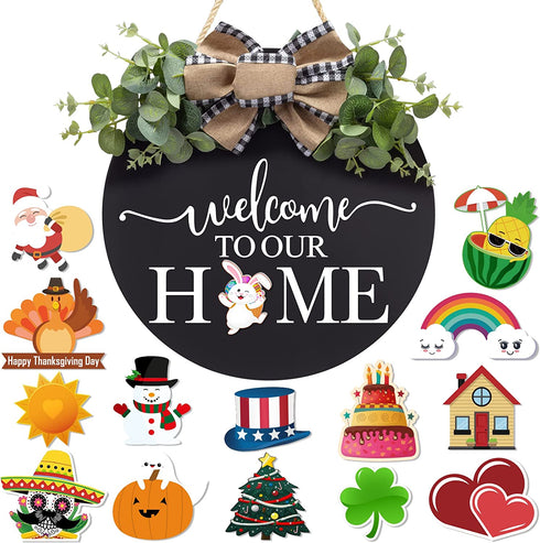 Seasonal Interchangeable Welcome Sign for Front Door Decor St Patrick's Day Wreath Shamrock Door Sign with 15 Pieces Icons St Patricks Easter Decor Christmas Valentines Spring Summer Fall Winter