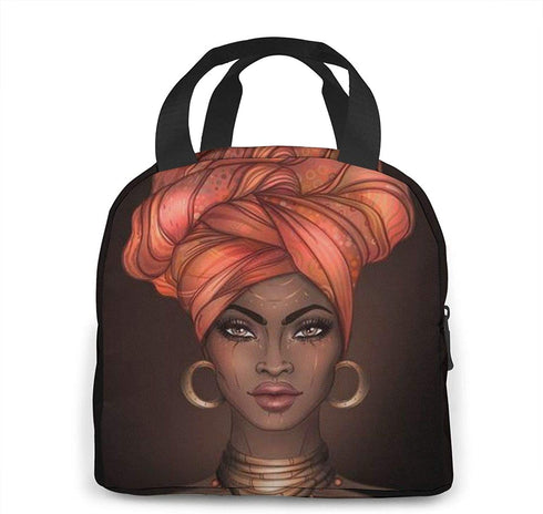 African American Woman Lunch Bag for Women Insulated Lunch Box with Front Pocket for Work Reusable Cooler Tote Bag for Office School Picnic Hiking Beach