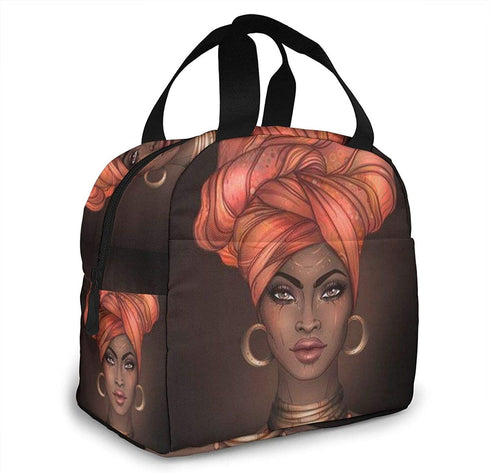 African American Woman Lunch Bag for Women Insulated Lunch Box with Front Pocket for Work Reusable Cooler Tote Bag for Office School Picnic Hiking Beach