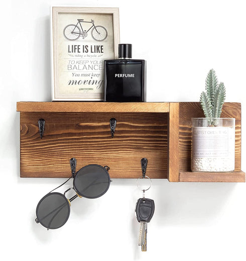 AKKO Wooden Key Holder for Wall Decorative Mail and Key Holder Organizer with 4 Key Hooks and œZ? Shape Wall Mount Floating Shelf ,Rustic Home Decor for Wall, Entryway, Mudroom, Bathroom