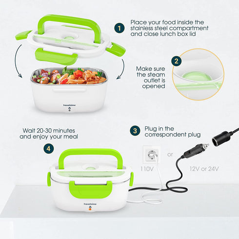 TRAVELISIMO Electric Lunch Box 3 in 1, Heated Lunch Boxes for Adults for Car, Truck, Home and Work 12V 24V & 110V 40W, Loncheras Electricas para Calentar Almuerzo, (Green)