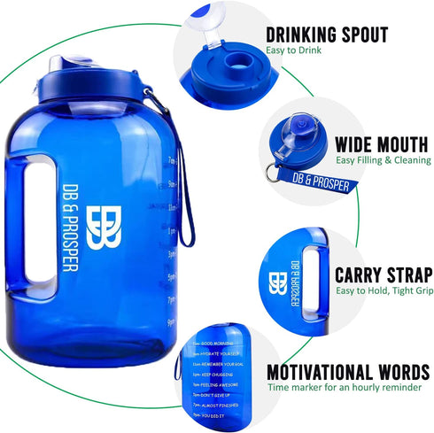DB & PROSPER Large One Gallon Blue Motivational Water Bottle With Time Marker | Bottles | Hydration | Gym | Exercise | Hiking | camping | water jugs | sports accessories | wellness