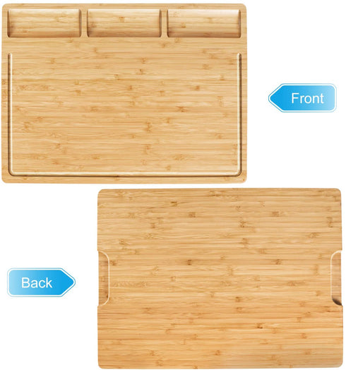 HHXRISE Large Bamboo Cutting Board With 3 Built-In Compartments And Juice Grooves - Kitchen Chopping Board for Meat (Butcher Block) Cheese and Vegetables (L 17 x 12.6")