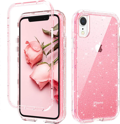 GUAGUA iPhone XR Case, Pink Glitter Bling Crystal Clear Shiny Cover for Girls Women Three Layer Hybrid Hard PC Soft TPU Bumper Shockproof Protective Phone Case for iPhone XR 6.1-inch 2018 Pink