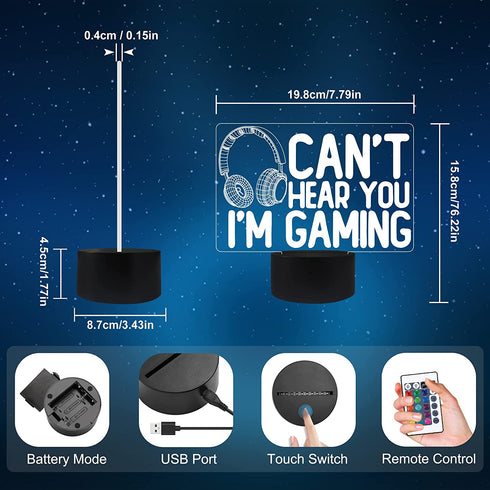 Can't Hear You I'm Gaming Night Light, Headset Graphic Video Games Gamer Gift Funny 3D Illusion Lamp 16 Colors Changing Touch & Remote Control for Men Gamers Teenagers and Kids