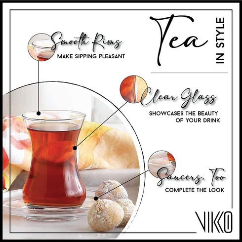 Vikko Turkish Tea Glasses & Saucers: 4 Oz Turkish Tea Cups - Turkish Glass Tea Set For Six - Tea Cup Glass - Clear Glass Tea Cups And Saucers - Turkish Tea Cup Set - Tea Set Moroccan - 6 Cups+6 Plates