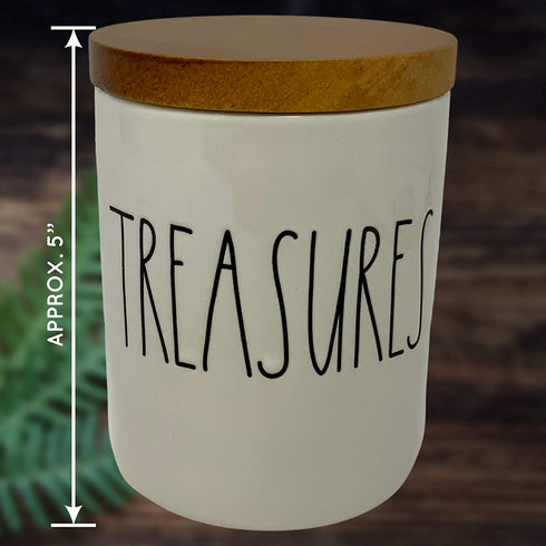 Rae Dunn by Magenta, Treasures Ceramic Canister w/Wood lid, Beige, Black LL
