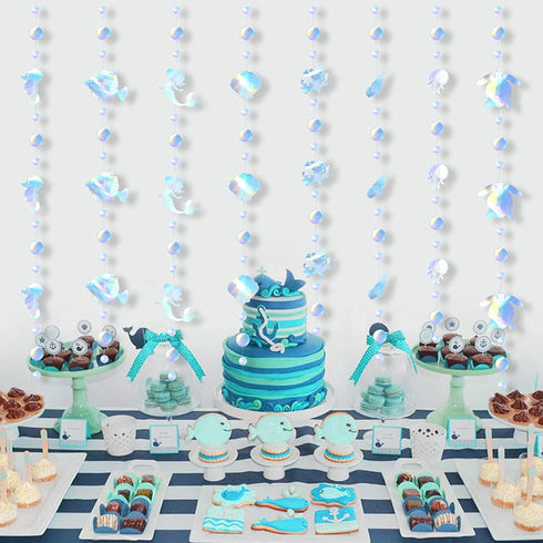 60ft Under the Sea Party Decorations Garland - 8 String Iridescent Mermaid Streamers with Mermaid Jellyfish Shell Conch Hippocampus for Little Mermaid Party Ocean Birthday Baby Shower Decorations