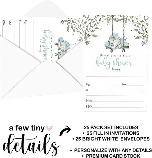Elephant Baby Shower Invitations Boys - Pack of 25 Invites with Envelopes Rustic, Greenery Jungle Animal Party Theme Handwrite Details Blank Set DIY