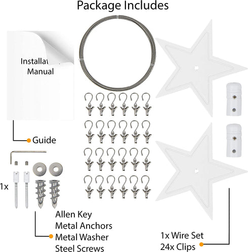 Wallniture Arte Picture Hangers Kit for Kids' Arts and Crafts, Adjustable Wire Curtain Rod with 24 Clips, White