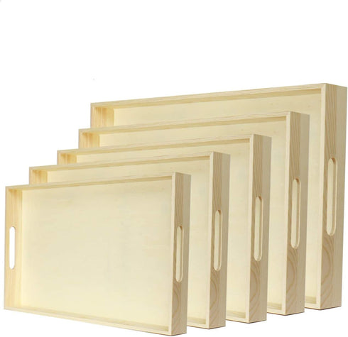Vumdua Wooden Nested Serving Trays,5 PCS Rectangular Shape Wood Trays, Kitchen Nesting Trays for Serving Pastries, Snacks | Wooden Trays for Crafts/Art, Home Decor And Montessori Activity