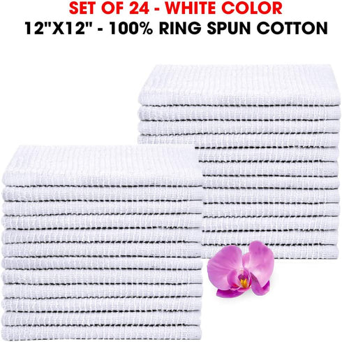 Talvania White Washcloths 24 Pack - Cotton Ribbed Wash Cloth - Super Absorbent Terry Towels - Ideal for Face Body Scrub Gym Spa Home Kitchen Cleaning Cloth - 12 X 12 Wash Cloths