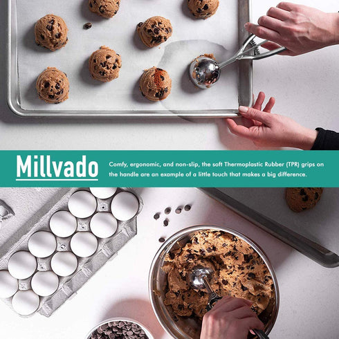 Millvado Stainless Steel Ice Cream and Cookie Scoop | Large Sized, With Black Rubber Grips, Spring Loaded Lever Design, For Sorbet, Melon, Meatballs, Muffins, and More, 3 Ounce Scooper