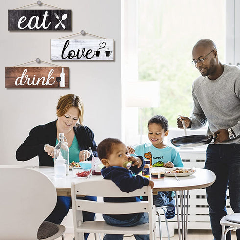 9PCS Kitchen Wall Decor Wooden Home Signs, Rustic Love Drink Eat Signs Kitchen Decor Home Wall Plaque with Hanging Hole and Invisible Nails, Kitchen Art Dining Room Bar Cafe Decoration