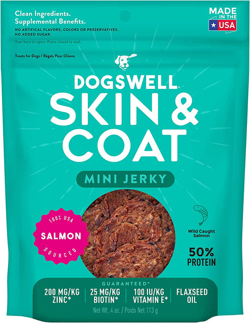 Dogswell Jerky Skin and Coat – Mini Salmon Jerky Dog Treats with Dog Skin & Coat Support (4 oz. Salmon)