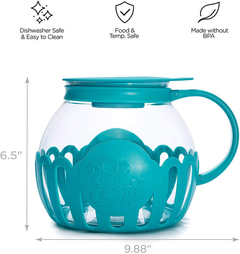 Ecolution Patented Microwave Micro-Pop Popcorn Popper, Borosilicate Glass, 3-in-1 Lid, Dishwasher Safe, BPA Free, 3 Quart Family Size, Teal