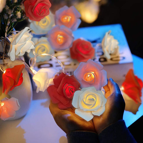 TURNMEON 10Ft 30Led Rose Light Valentines Day Decoration Flower String Lights Red Pink White Rose Battery Power Artificial Flowers Garland Lights Indoor Outdoor Decor Valentines Home Party(Warm White)
