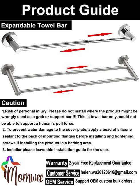 Adjustable 16 to 27.6 Inch Single Towel Bar, iMomwee Chrome Finished SUS304 Stainless Steel Bath Towel Holder, Wall Mounted Towel Rail for Bathroom Kitchen Washroom, 1" Diameter Towel Rod with Hooks