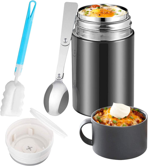 Baokai Vacuum Insulated Food Jar 20 oz, Kids Soup Thermos for Hot Food Stainless Steel Lunch Container Leak Proof Thermal Flask with Folding Spoon for School Office Picnic Travel Outdoors-Black