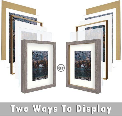 Frametory, Frame with Ivory Mat for Photo, Smooth Wood Grain Finish Easel Stand, Sawtooth Hangers, Real Glass Landscape/Portrait, Wall/Table Display (Rustic Grey, 8x10 Frame for 5x7 Photo, 2-Pack)