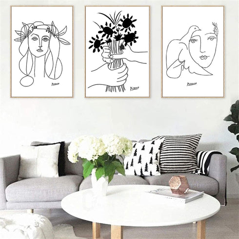 Picasso Canvas Paintings Picasso Line Art Prints Picasso Wall Canvas Prints Picasso Prints for Wall Decor Picasso Line Art Poster Living Room Decor Picasso Black and White Wall Art room Decor 16X24inchx3 Unframed