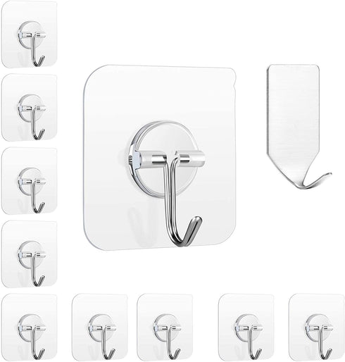 Adhesive Hooks.Heavy Duty Self Wall Hooks15lb(Max),Waterproof and Oilproof Transparent hooks11 Pack