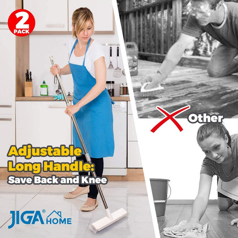 JIGA 2 Pack Floor Scrub Brush with Long Handle, Stiff Bristle Brush Scrubber, Cleaning Brush for Deck, Bathroom, Tub, Tile, Grout, Kitchen, Swimming Pool, Patio, Garages, Gray