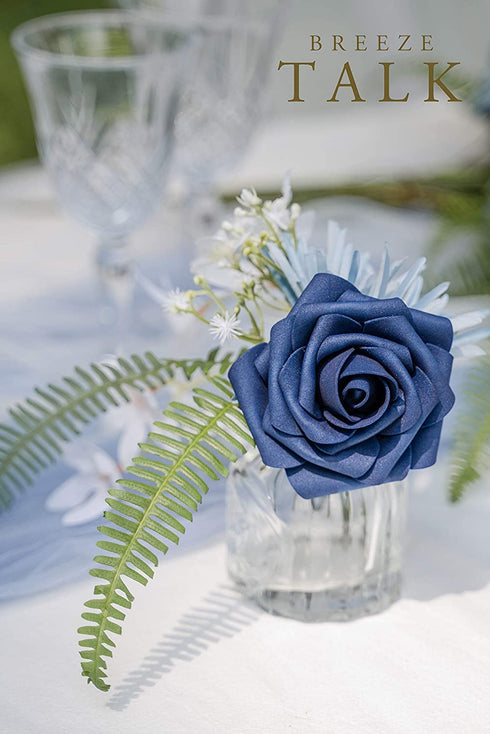 Breeze Talk Artificial Flowers Navy Blue Roses 25pcs Realistic Fake Roses w/Stem for DIY Wedding Bouquets Centerpieces Arrangements Party Baby Shower Home Decorations