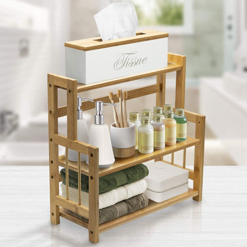 Sorbus Kitchen Countertop Organizer Bamboo Wooden Counter Storage Shelf Rack for Spice, Soap, Skin care, Makeup Display Stand, Bathroom Shelves, Vanity, Office (3-Tier)