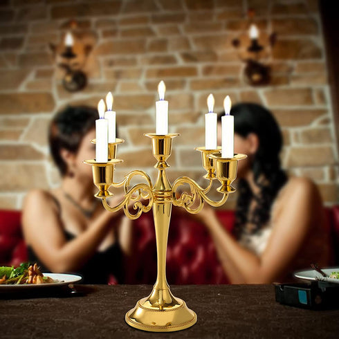 YOUEON Gold 5 Arms Candelabra, 10.4 Inch Metal Tall Candelabra Candle Holder Candlestick Holder for 1 Inch Diameter Pillar Candles, Taper Candle Holder, Candelabra Decoration, Wedding