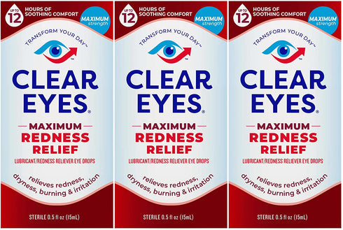 Clear Eyes Maximum Redness Eye Relief Eye Drops, 0.5 Fl Oz, Pack of 3