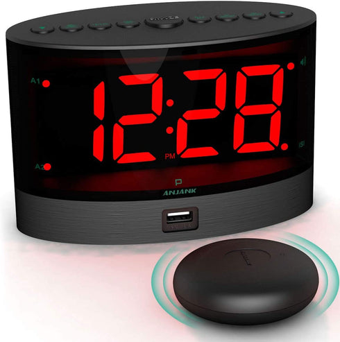 ANJANK Extra Loud Alarm Clock with Wireless Bed Shaker, Vibrating Dual Alarm Clock for Heavy Sleepers, Deaf and Hearing-impaired, Adjustable Volume/Dimmer/Wake up Mode, USB Charger Port, Pillow Shaker