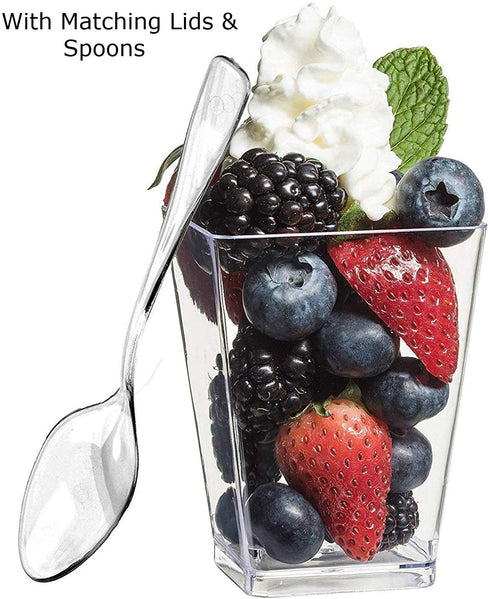 Zappy 42 5 oz Tall Square Mini Dessert Cups with Lids and Tasting Spoons, Large Dessert Glasses Shot Glasses Trifle Bowl, Clear Disposable Plastic Dessert Tumbler Cups Small Party Cups