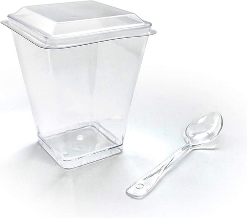 Zappy 42 5 oz Tall Square Mini Dessert Cups with Lids and Tasting Spoons, Large Dessert Glasses Shot Glasses Trifle Bowl, Clear Disposable Plastic Dessert Tumbler Cups Small Party Cups