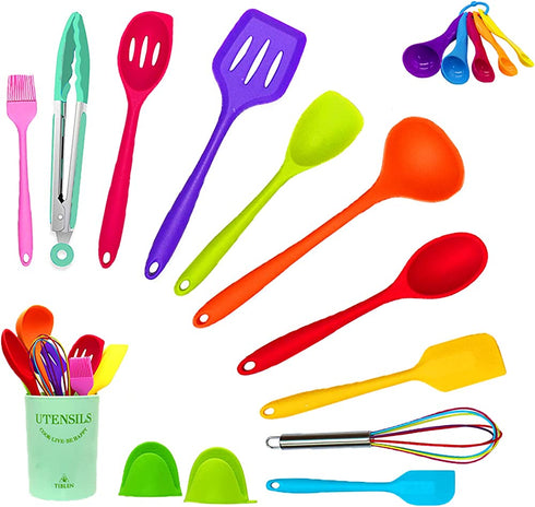 TIBLEN 18 pcs Silicone Kitchen Cooking Utensil Set, Non-stick Heat Resistant Cookware, BPA Free Non-Toxic Tools,Turner Tongs Ladle Spoon Whisk, Dishwasher Safe -Colorful