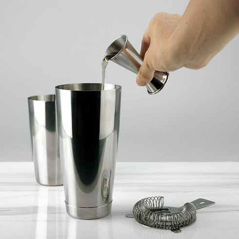 PG Boston Cocktail Kit - 4PC Premium Stainless Steel Shaker Set - 30oz Gloss Finish 2-Piece Shaker with Cocktail Strainer and Double Jigger