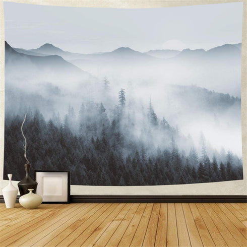 Heopapin Misty Forest Tapestry Forest Trees with Mountain Tapestry Black and White Fantastic Fog Magical Tapestry 3D Vision Nature Landscape Tapestry for Bedroom Living Room Dorm (W78.7 — H59.1)