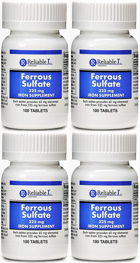 Iron Supplement Ferrous Sulfate 325mg by Reliable 1 | Iron Pills for Women and Men | Iron Supplements for Anemia and Iron Deficiency | 100 Iron Tablets per Bottle, Pack of 4