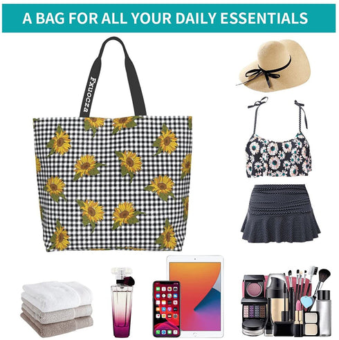 Fxuocza Sunflower Plaid Canvas Tote Bag Shopping Bag for Women Oversized Tote Bag for Grocery Travel Reusable Sunflower Bags