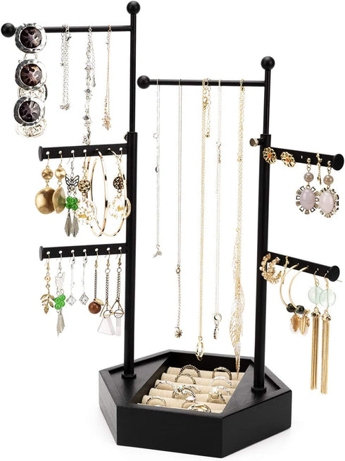Emfogo Jewelry Organizer Stand - 6 Tier Jewelry Holder with Adjustable Height Necklace Holder Organizer Display & Storage for Earrings Ring Bracelet (Black)