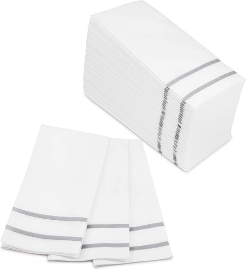 Fete Decorative Hand Towels Disposable, Silver Design 100 Linen-Feel Guest Towels Formal Dinner, Anniversary, and Wedding Napkins for Tables, Guestrooms, and Restrooms - 8.5x 4-Inches Folded,