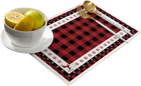 T&H XHome Merry Christmas Cotton Linen Non-Slip Placemats for Dining Table,Christmas Elk Snowflakes on Buffalo Plaid Washable Table Mats Heat Resistant Stain Resistant Kitchen Table Placemat Set of 4