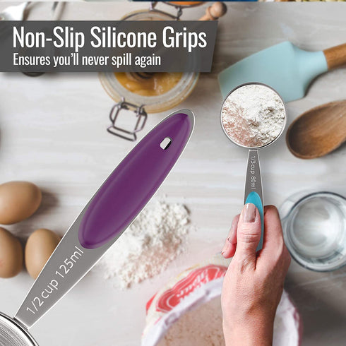 13-Piece Measuring Cups and Spoons Set - Stainless Steel Measuring Cups and Oval-Shaped Measuring Spoon - New Spring-Type Ring with No Sharp Edges - Non-Slip Silicone Grip Handles - Heavy-Duty