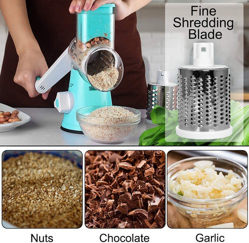 SEYODA Graters for Kitchen,Cheese Grater Efficient Vegetable Slicer with 3 Interchangeable Round Stainless Steel Blades,Easy to Clean Rotary Cheese Grater for Fruit,Vegetables,Nuts. (Blue)