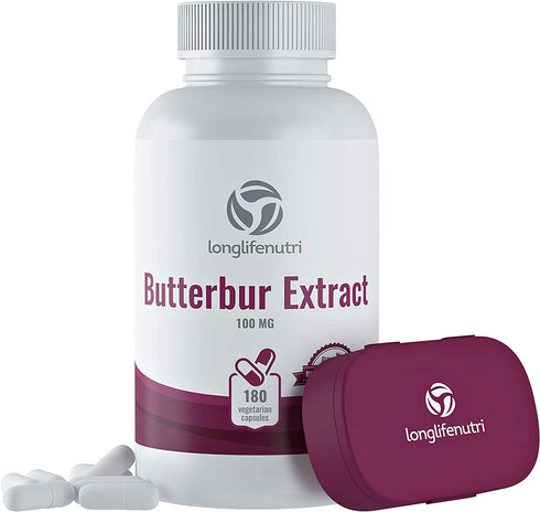 Butterbur Extract 100mg 180 Vegetarian Capsules | Made In Usa | Natural Headache Supplement | Migraine and Allergy Relief | Supports Healthy Bladder and Inflammation | 100 mg Pure Powder Pill Formula