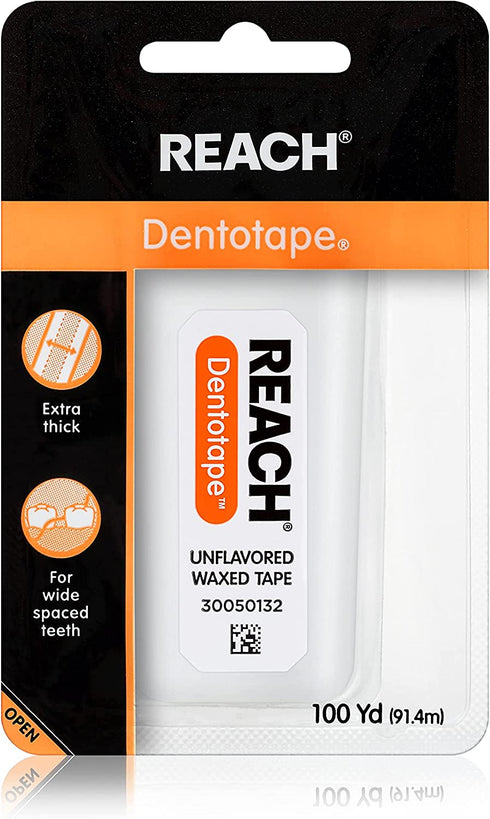 Reach Dentotape Waxed Dental Floss | Effective Plaque Removal, Extra Wide Cleaning Surface | Shred Resistance & Tension, Slides Smoothly & Easily , PFAS FREE | Unflavored, 100 Yards, 1 Pack