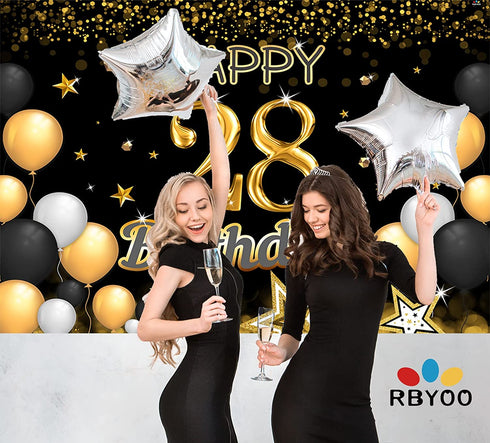 RBYOO 28th Gold Black Happy Birthday Backdrop for Girls Women Boy Men 7x5ft Photography Background Banner Birthday Party Decorations Photo Booth Props